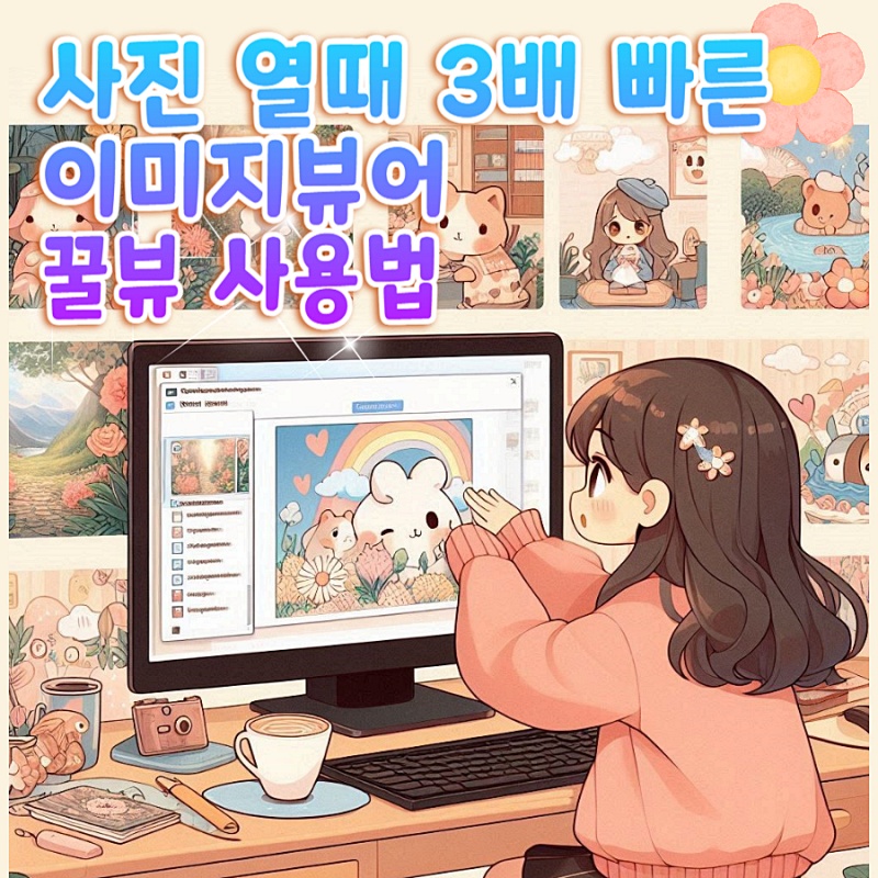 모니터로 허니뷰 이미지 뷰어를 사용하는 귀여운 여자 캐릭터 일러스트와 사진 뷰어 설명 문구