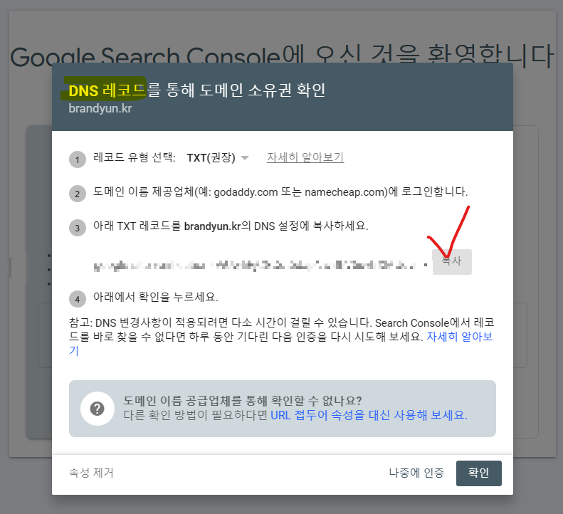 구글 서치콘솔 - 도메인 소유권 확인2