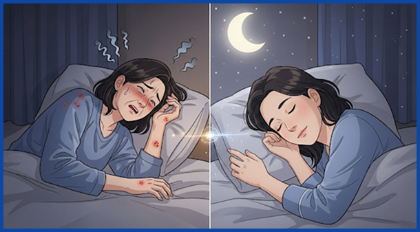 밤에 가려움으로 잠 못 이루던 한국인이 히스토불린 주사 후 숙면을 취하며 평화로운 밤을 보내는 모습, 만성 두드러기 완화.