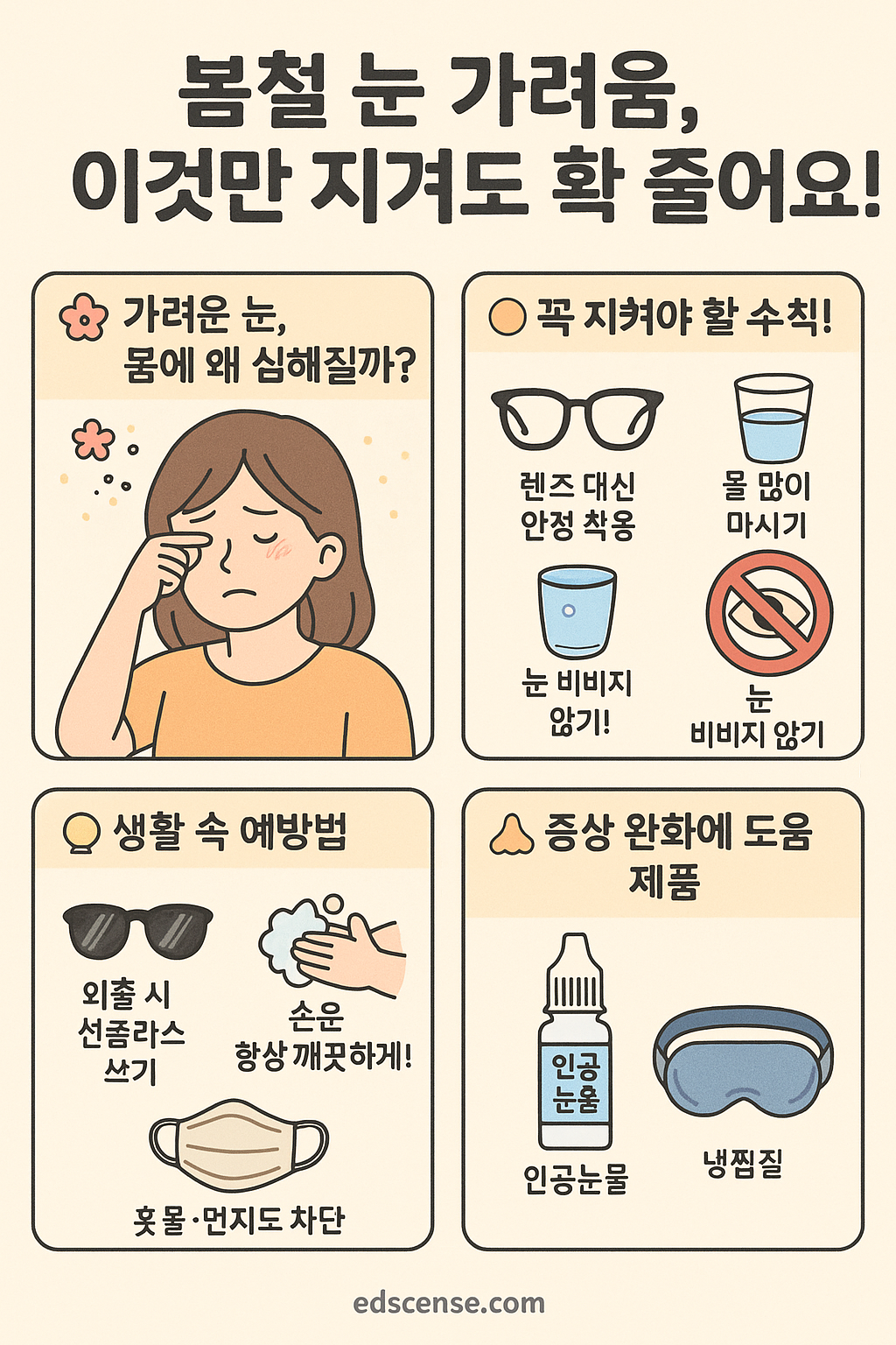 봄철 눈 가려움증의 원인과 생활 속 예방법, 증상 완화에 도움이 되는 제품들을 소개하는 만화 스타일 이미지