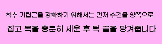   척추 기립근을 강화하기 위해서는 먼저 수건을 양쪽으로 잡고, 목을 충분히 세운 후, 턱 끝을 당겨줍니다.
