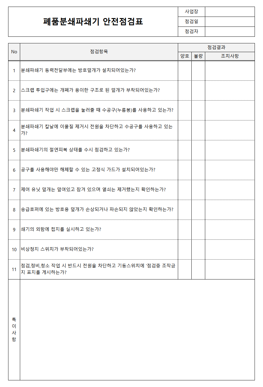 폐품분쇄파쇄기안전점검표