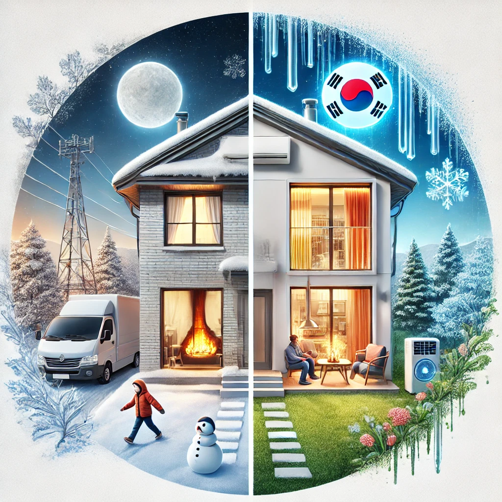 에너지바우처 제도를 상징하는 이미지로, 겨울 난방과 여름 냉방 지원을 나타내는 현대적인 가정의 모습