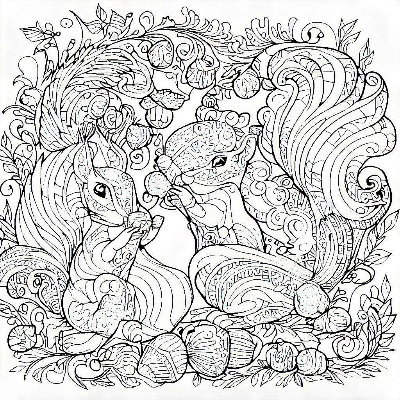 A male and female squirrel are cuddling up. Intricate coloring pages.