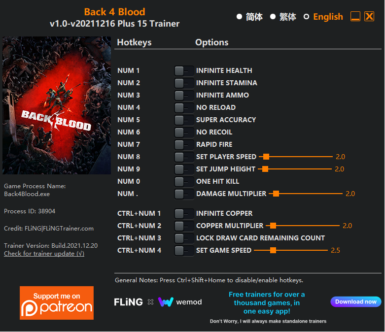  [트레이너] 한글판 백4블러드 Back 4 Blood v1.0-v20211109 Plus 15 Trainer 영문판