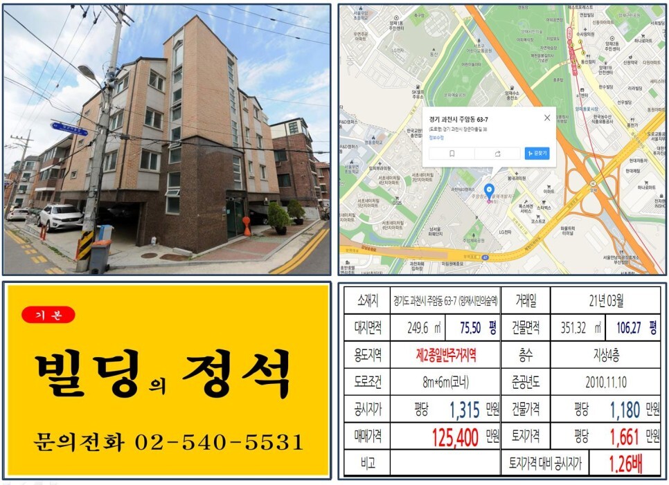  [경기도 과천시 주암장군마을재개발 10억 꼬마빌딩 실거래가 조회] 주암동 63-7 (양재시민의숲역) 12억 5,400만 원, 평당 1,661만