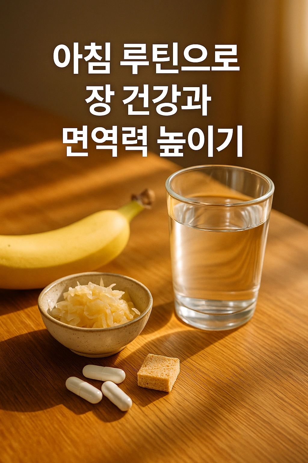 햇살이 드는 아침 식탁 위에 놓인 바나나와 영양제, 물컵 – 면역력 루틴의 핵심인 아침 습관을 보여주는 이미지