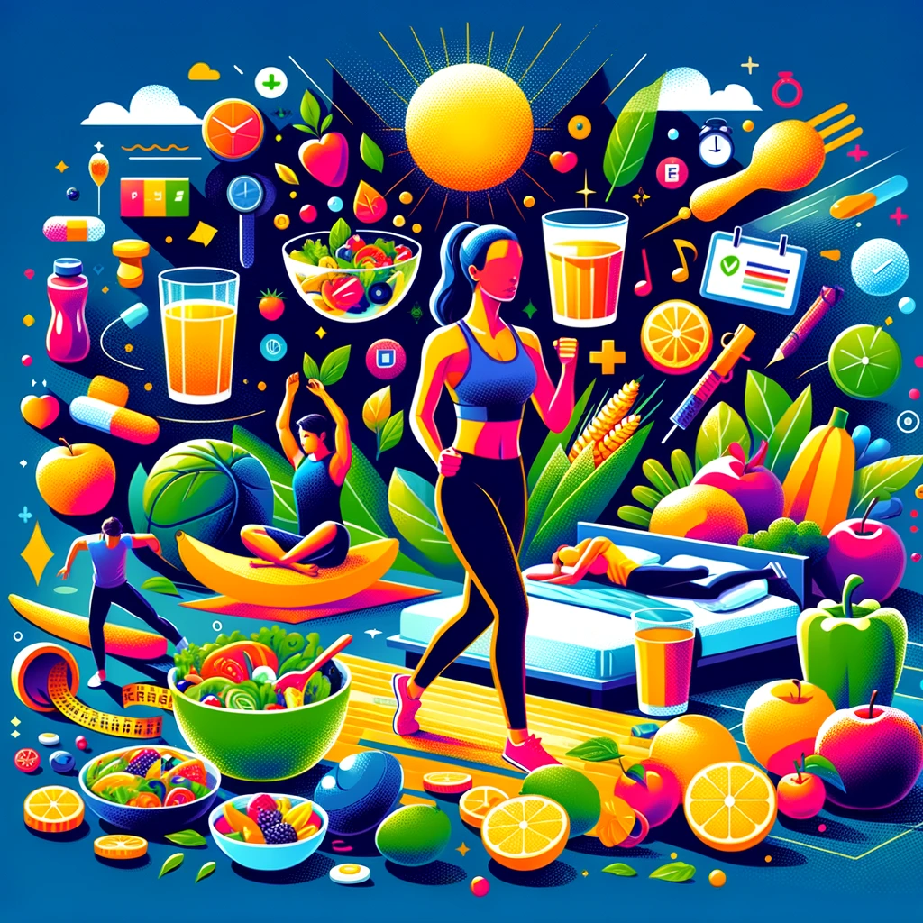 A vibrant and engaging image showcasing a variety of healthy lifestyle habits suitable for a modern&#44; busy life. The image should feature elements like