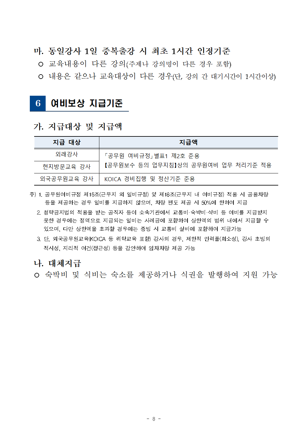 2022년 경상북도 인재개발원 강사수당 등 지급기준