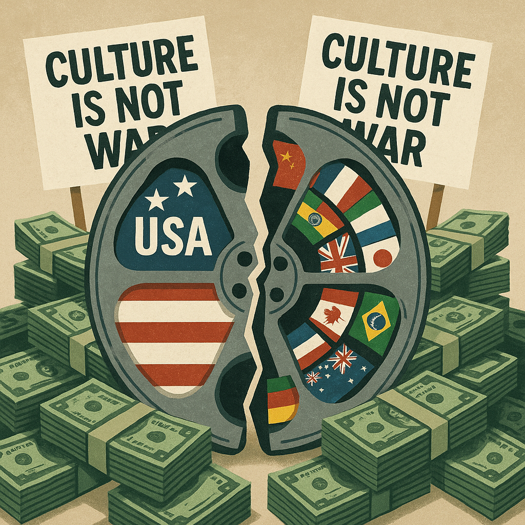 미국과 여러 나라 국기가 새겨진 영화 필름 릴이 둘로 갈라져 있고, CULTURE IS NOT WAR 팻말과 달러 더미가 배경인 일러스트