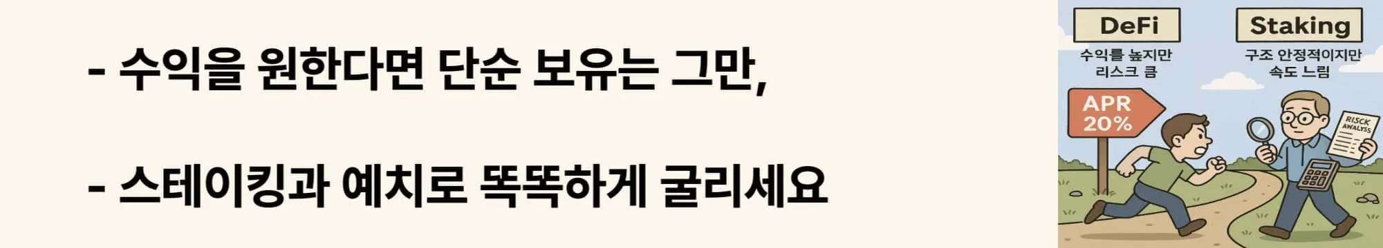 ‘스마트 계약에 맡기면, 당신의 코인이 금융이 됩니다’라는 문구가 포함된 웹배너 이미지. 이 이미지는 디파이 예치 방식과 스마트 컨트랙트를 활용한 수익 창출 구조를 설명하며, 블로그의 디파이 수익 전략과 관련된 내용을 전달함 (defi deposit yield).