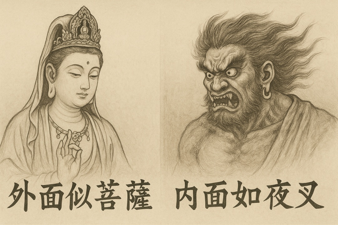 보살처럼 온화한 외면과 야차처럼 사나운 내면을 묘사한 전통 동아시아 스타일의 와이드 흑백 인물화로, 왼쪽에는 자비롭고 평온한 표정의 보살이, 오른쪽에는 험악하고 분노에 찬 야차가 대조를 이루는 장면.