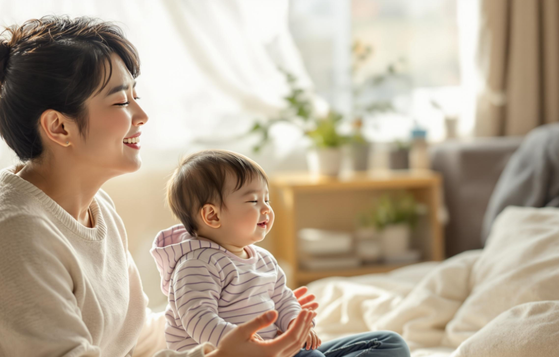 아기와 엄마가 웃으며 명상하는 모습