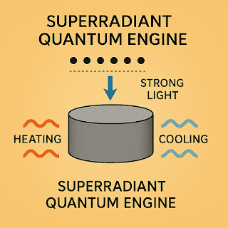 초방사 양자 엔진을 묘사한 도식 이미지. 중앙의 원통형 엔진에서 왼쪽은 가열(Heating), 오른쪽은 냉각(Cooling), 상단에서는 양자 얽힘 상태의 입자들이 강한 빛(Strong Light)을 아래로 방출하며 엔진을 작동시키는 구조를 보여줌. 배경은 따뜻한 황색 계열.