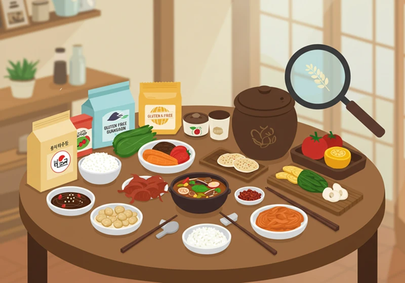 글루텐프리 식단 시작 가이드 쌀 채소 과일 한국 장독대 배경 원재료명 확인 픽토그램 희망찬 분위기