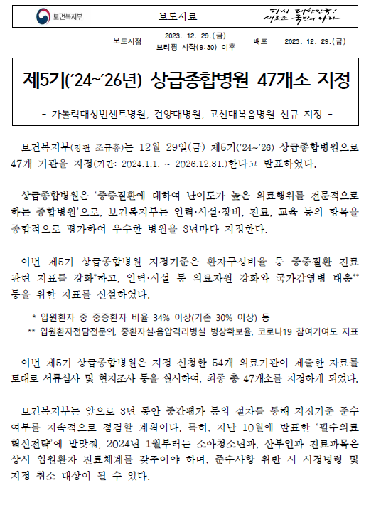 5기 상급 종합병원 목록 명단 리스트 어디 어느 병원 지정 보건복지부 4기 신규 탈락 47개 가톨릭성빈센트 병원 건양대 병원 고신대 병원 2024년 2026년 강북삼성병원 상급종합병원 리스트
건국대학교병원
경희대학교병원
고려대구로병원
삼성서울병원
서울대학교병원
연세대강남세브란스병원
연세대세브란스병원
이화여대목동병원
서울아산병원
중앙대병원
고려대안암병원
가톨릭서울성모병원
한양대병원
가톨릭대인천성모병원
순천향대부천병원
길병원
인하대병원
가톨릭대성빈센트병원(5기 신규지정)
고려대안산병원
분당서울대병원
아주대병원
한림대성심병원
강릉아산병원
연세대원주세브란스기독병원
충북대병원
단국대병원
충남대병원
건양대병원(5기 신규지정)
원광대병원
전북대병원
전남대병원
조선대병원
화순전남대병원
경북대병원
계명대동산병원
대구가톨릭대병원
영남대병원
칠곡경북대병원
고신대복음병원(5기 신규지정)
동아대병원
부산대병원
양산부산대병원
인제대부산백병원
울산대병원
경상국립대병원
성균관대삼성창원병원
상급종합병원 리스트