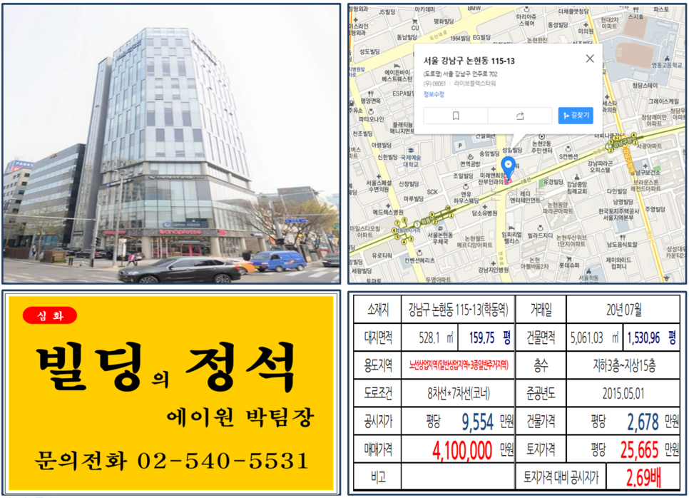  [강남구 세관사거리 코너빌딩 실거래가 조회] 논현동 115-13 (학동역) 410억 원, 평당 25,665만 원, 연면적당 2,678만원, 경남