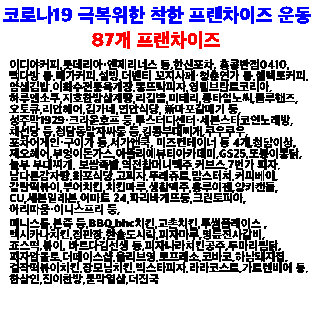  코로나19 극복위한 착한 프랜차이즈 운동, 87개 프랜차이즈 동참