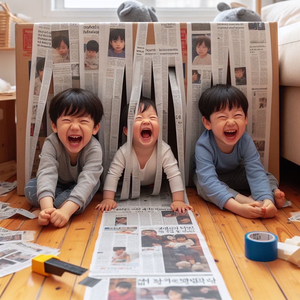 신문지 발 놀이를 하는 아이들