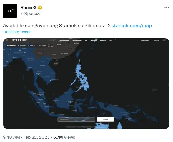 그림 6. 올해 2월부터 필리핀 지역 사용 시작 (출처: 스페이스 X 공식 트위터)