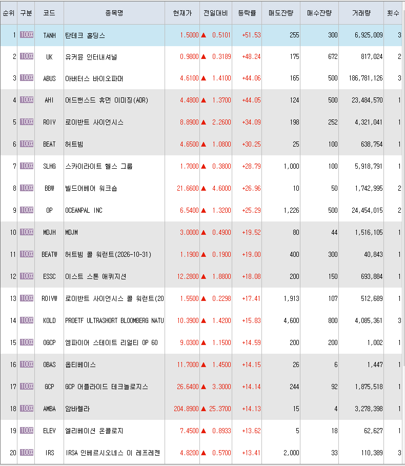  12월1일 미국주식 상승률 상위 종목 TOP 300