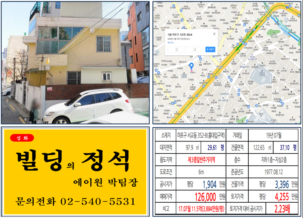  [마포구 역세권 10억 꼬마빌딩 실거래가 조회] 서교동 352-8 (홍대입구역) 12.6억 원, 평당 4,255만 원, 홍대입구 10억 꼬마빌딩