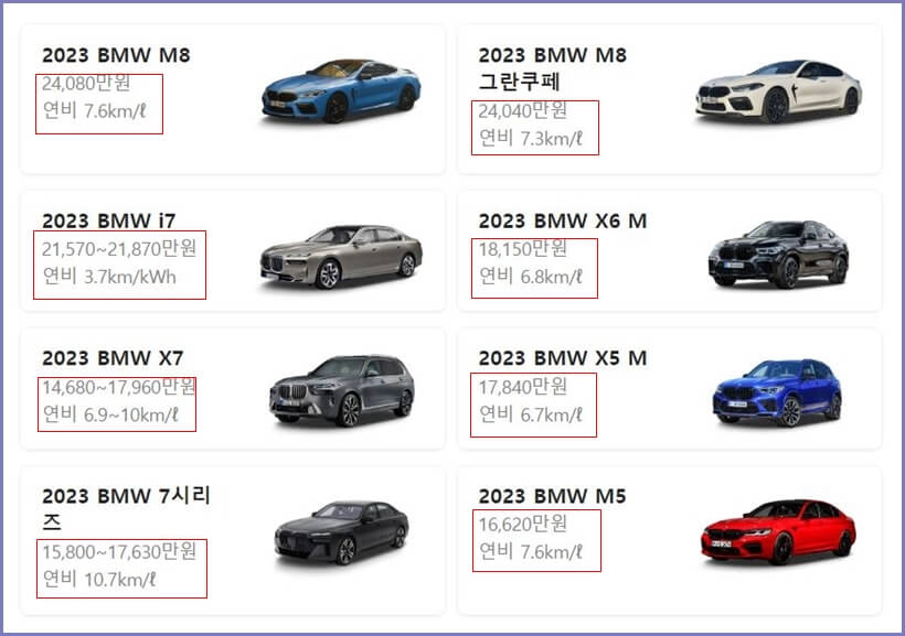 BMW 가격표 : 고가순으로 첫번째 줄에서 왼쪽-&gt; 오른쪽 위-&gt;아래 순으로 나열