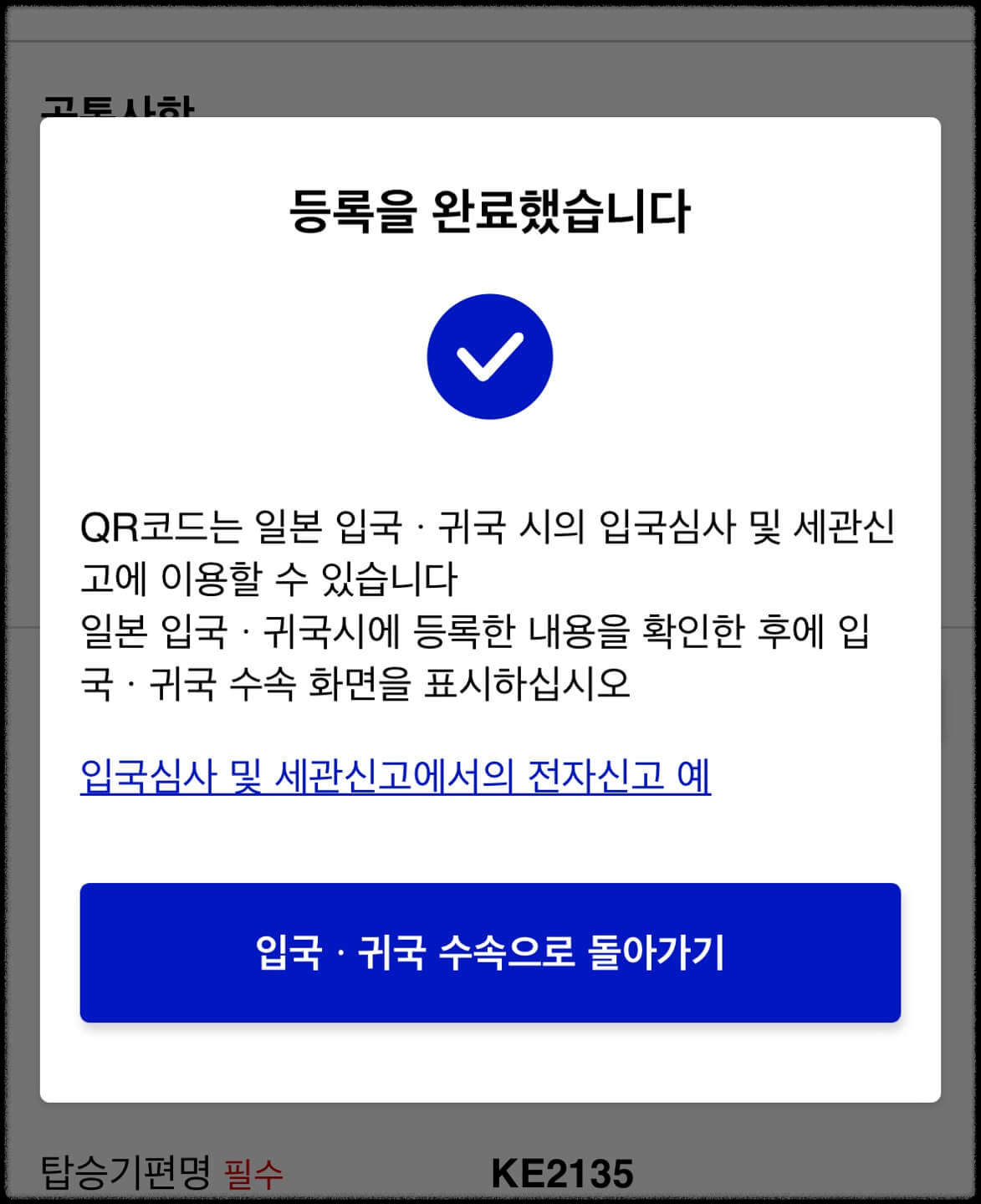 입국심사 세관심사 입력내용 확인