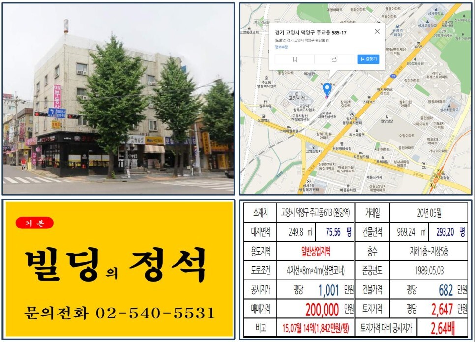  [고양시 고양시청 20억 꼬마빌딩 실거래가 조회] 주교동 613 (원당역) 20억 원, 평당 2,647만 원 매매되었습니다. GTX-A노선, 고