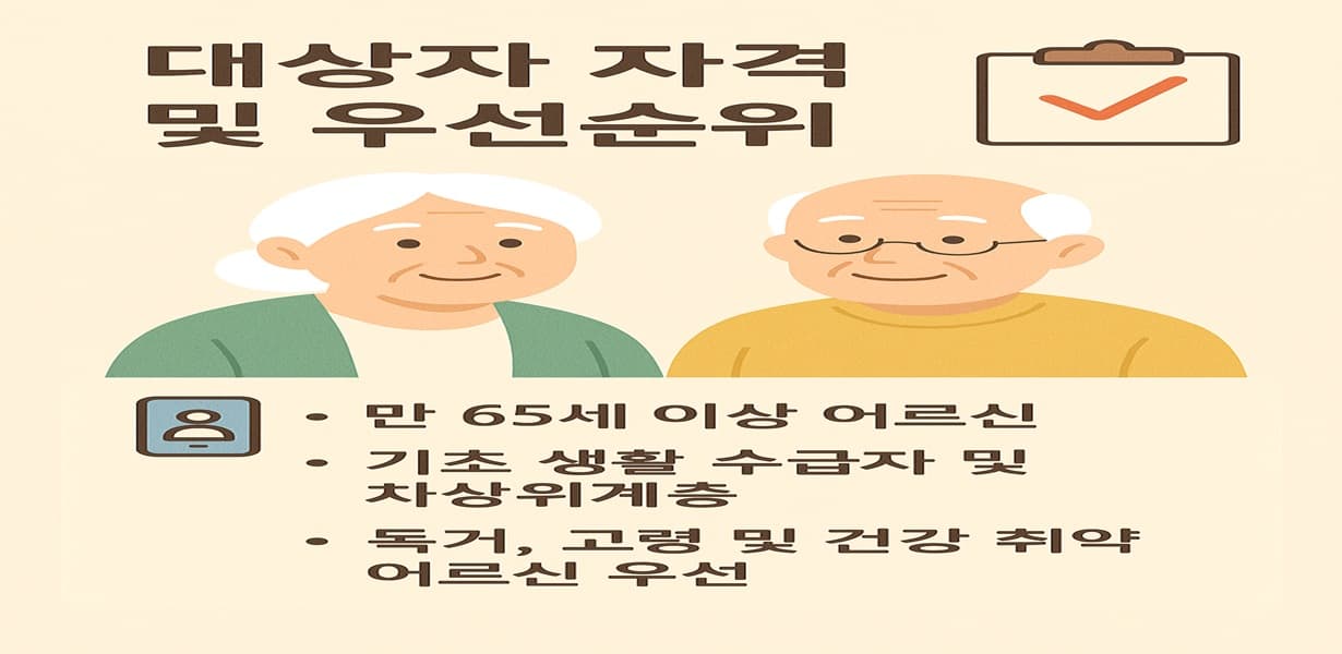 2025년 노인 식사 지원 서비스 대상자 자격 및 우선순위를 설명하는 인포그래픽. 체크리스트 아이콘과 노부부 일러스트 포함