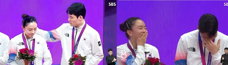 한국선수들의 여유...아시안게임 시상식서 드라마 연출?...중국관중들 환호 세례 VIDEO:“The Korean table tennis team is cute” Chinese fans went crazy at the awards ceremony&#44; what was it like?