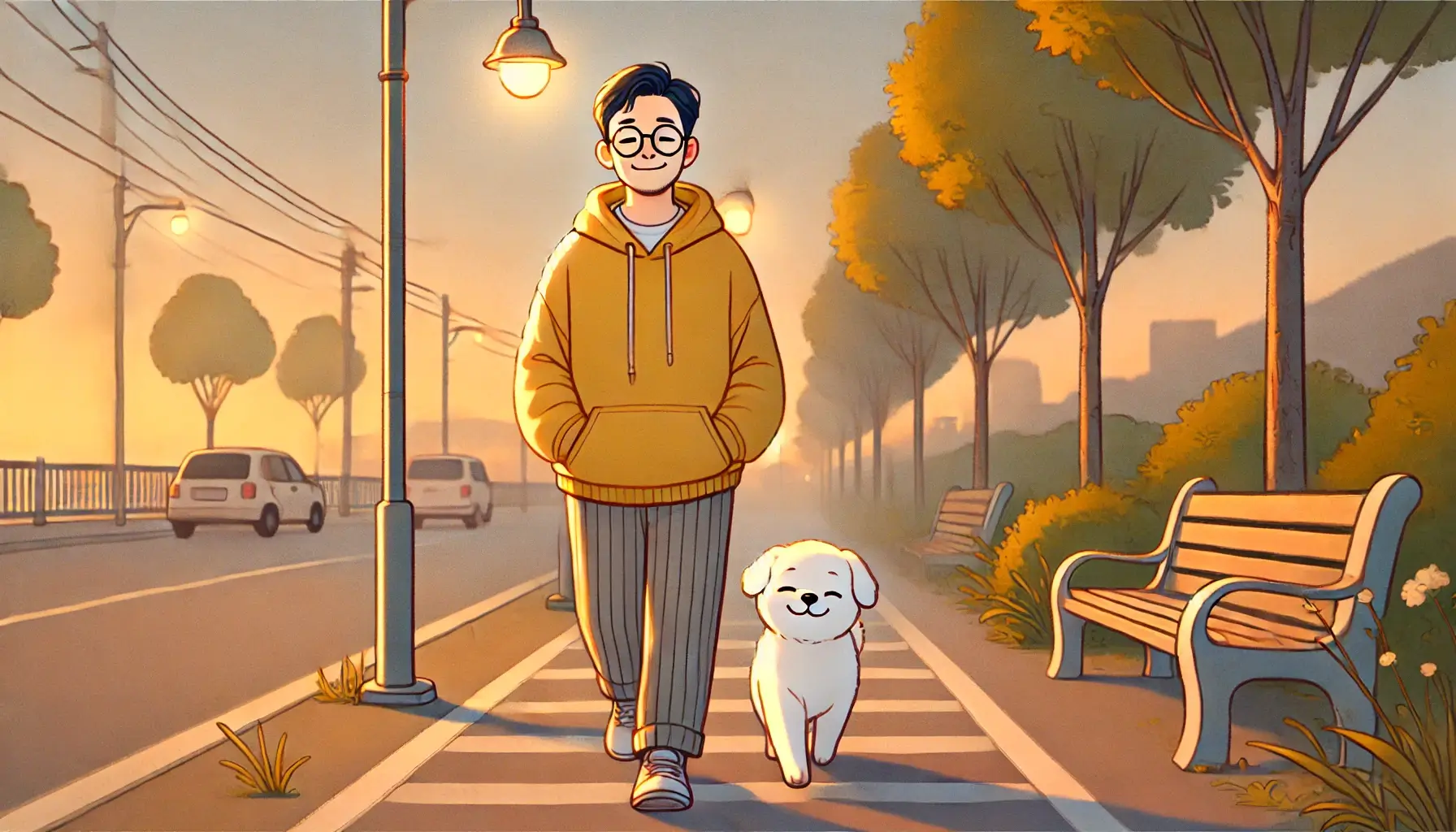 밤 산책이 알려준 마음 정리법_강아지와 산책하는 모습
