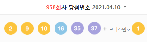  958회차 로또 당첨번호 (1등 당첨자는 15명으로 당첨금은 15억 9611만 원)