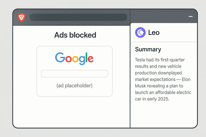 Brave 브라우저 광고 차단 및 Leo 사용 예시
