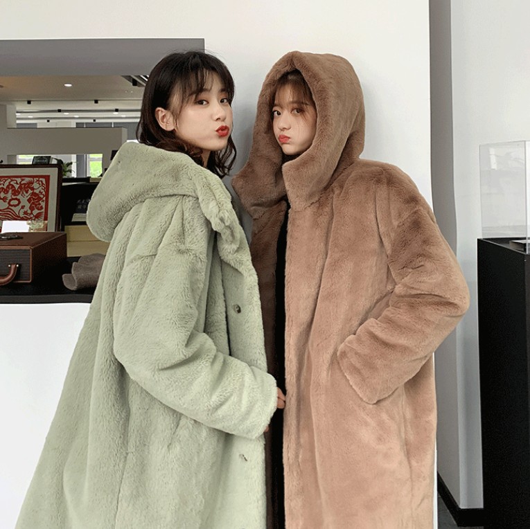 여성 인조밍크 루즈핏 후드 롱 페이크퍼코트