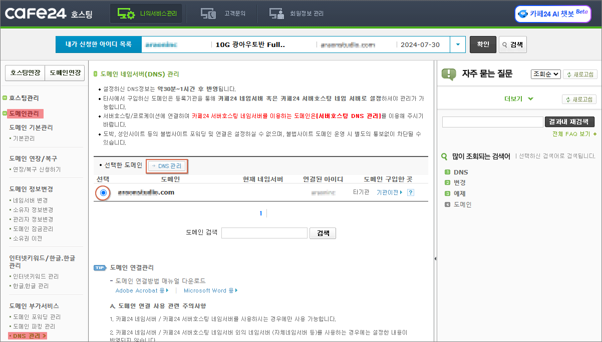 cafe24 dns관리 화면