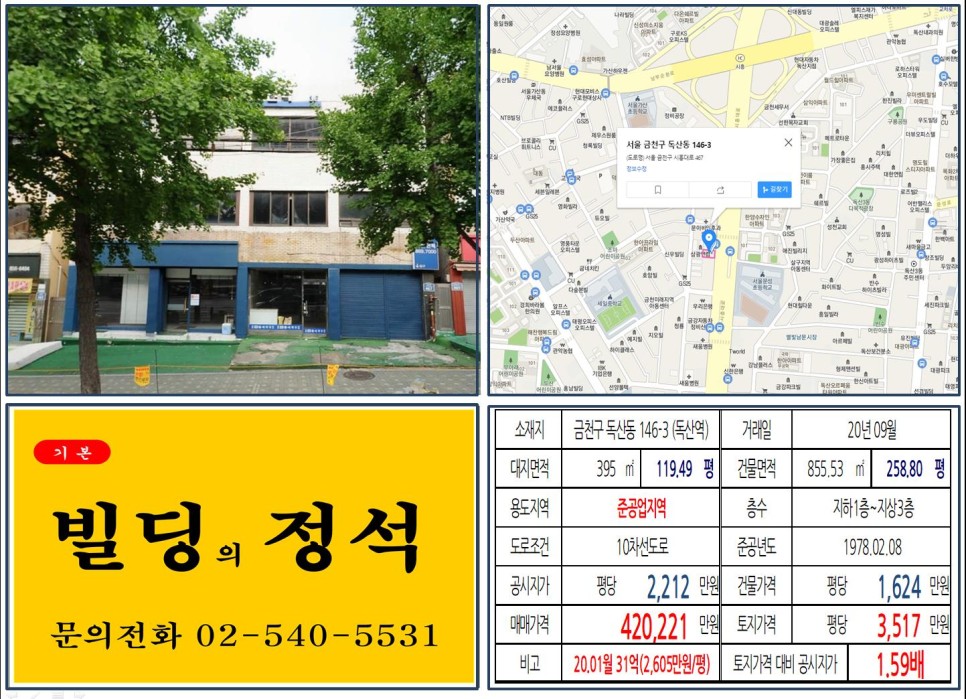  [금천구 시흥대로 대로변 40억 꼬마빌딩 실거래가 조회] 독산동 146-3 (독산역) 42억 221원, 평당 3,517만 원 매매되었습니다.