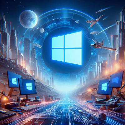 미래 도시 속 Windows 로고와 컴퓨터 화면