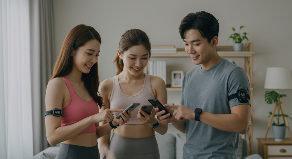 저작권-없는-피트니스-앱을-활용하여-건강체크를-하는-사람들