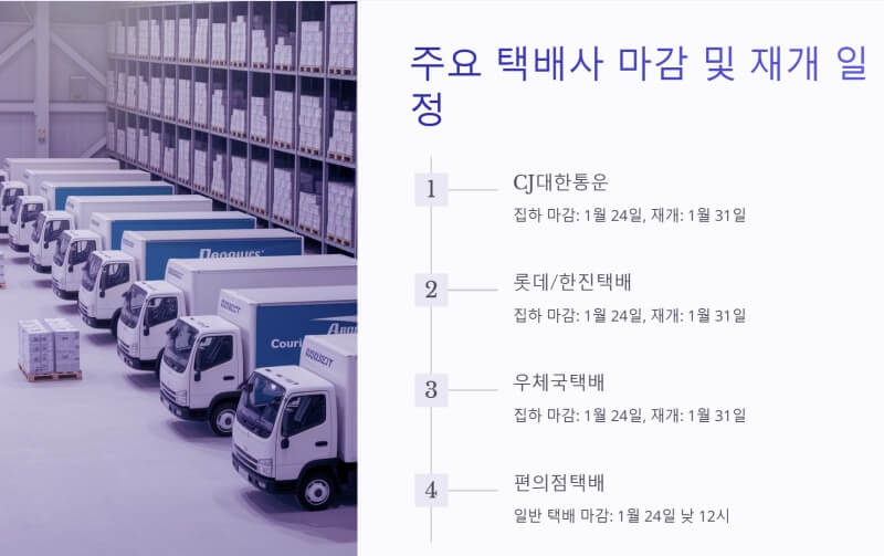 주요 택배사 마감 및 재개 일정 이미지