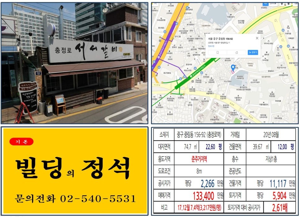  [중구 중림로 준주거지역 10억 꼬마빌딩 실거래가 조회] 중림동 156-92 (충정로역) 13억 3,400만 원, 평당 5,904만 원 매매되었습니다.