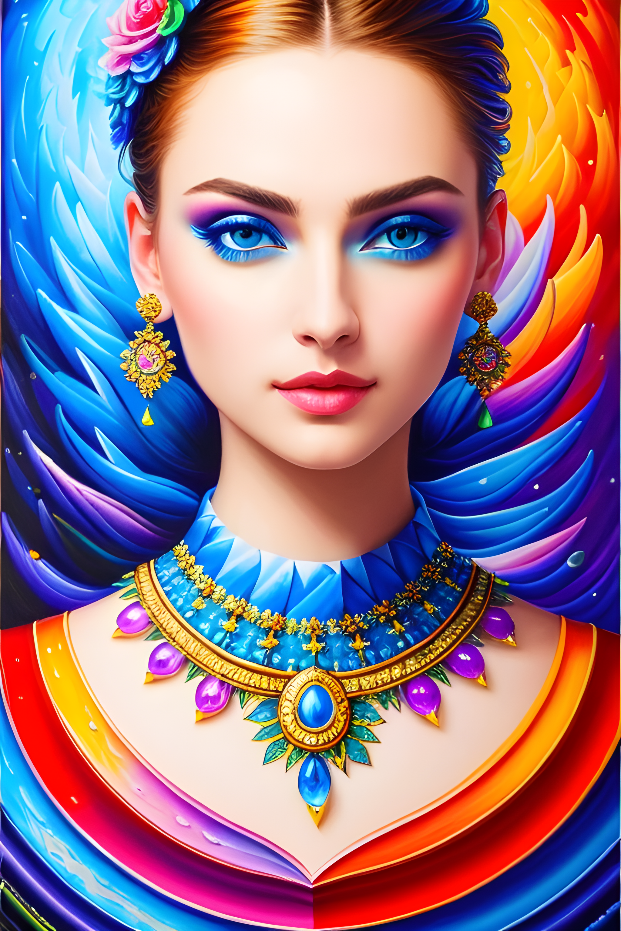 The colorful image of a beautiful woman with detailed acrylic painting