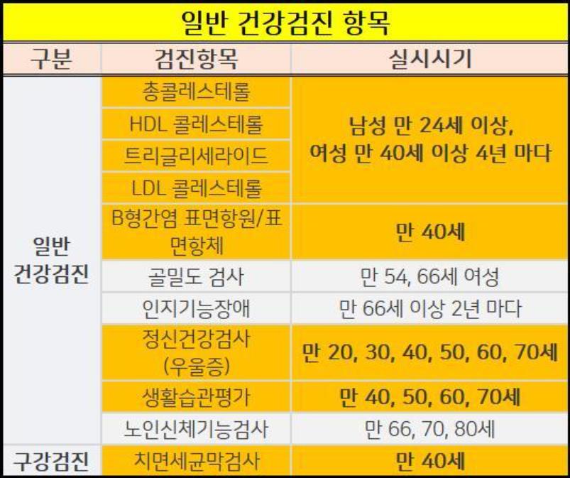 생애주기별 건강검진 항목 리스트 비용 1