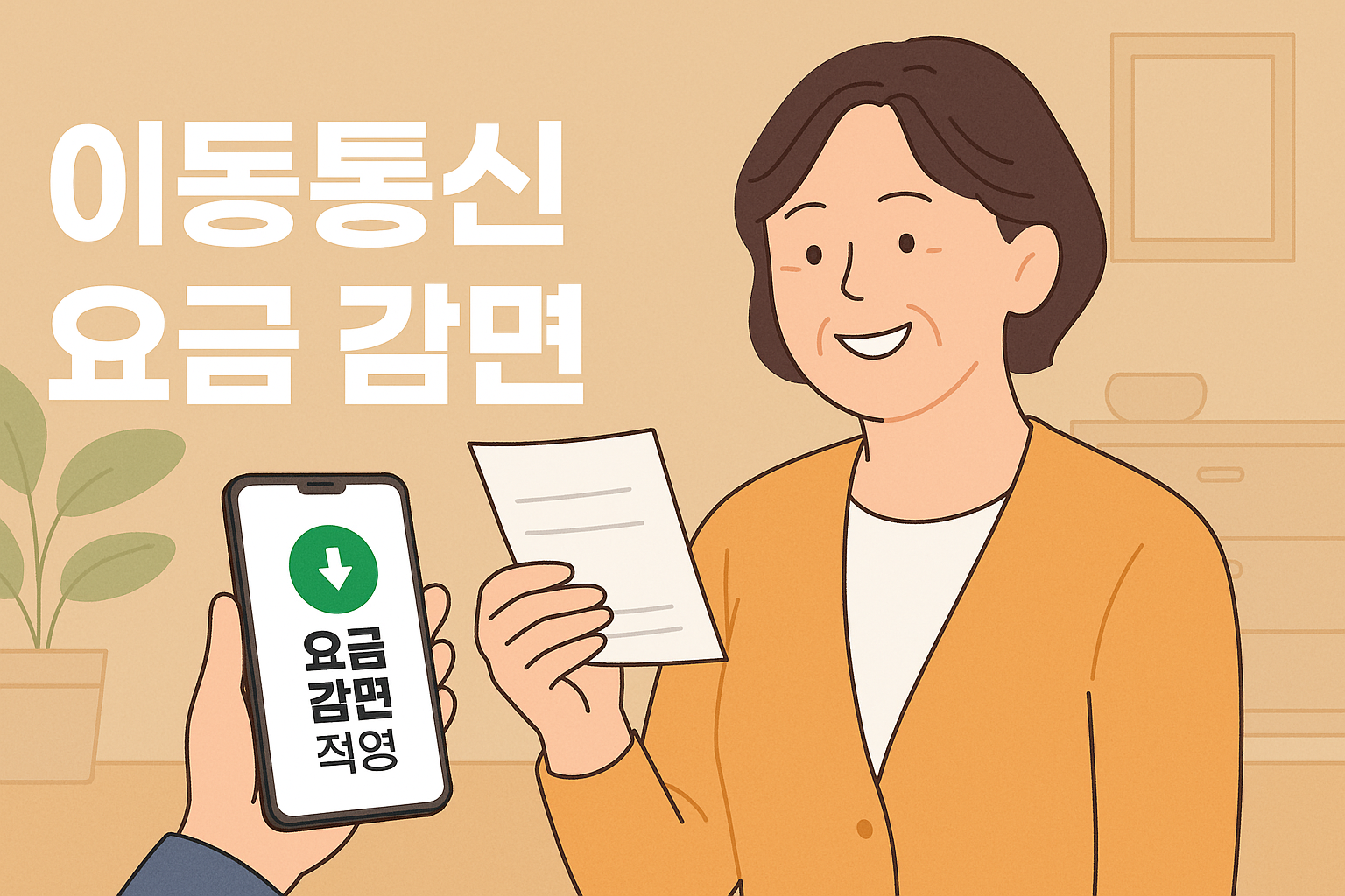 요금감면-적용-스마트폰-확인-청구서-중년여성-환한미소-통신비-절약-실내-복지혜택