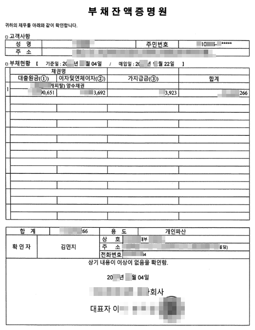 대부회사 부채잔액증명