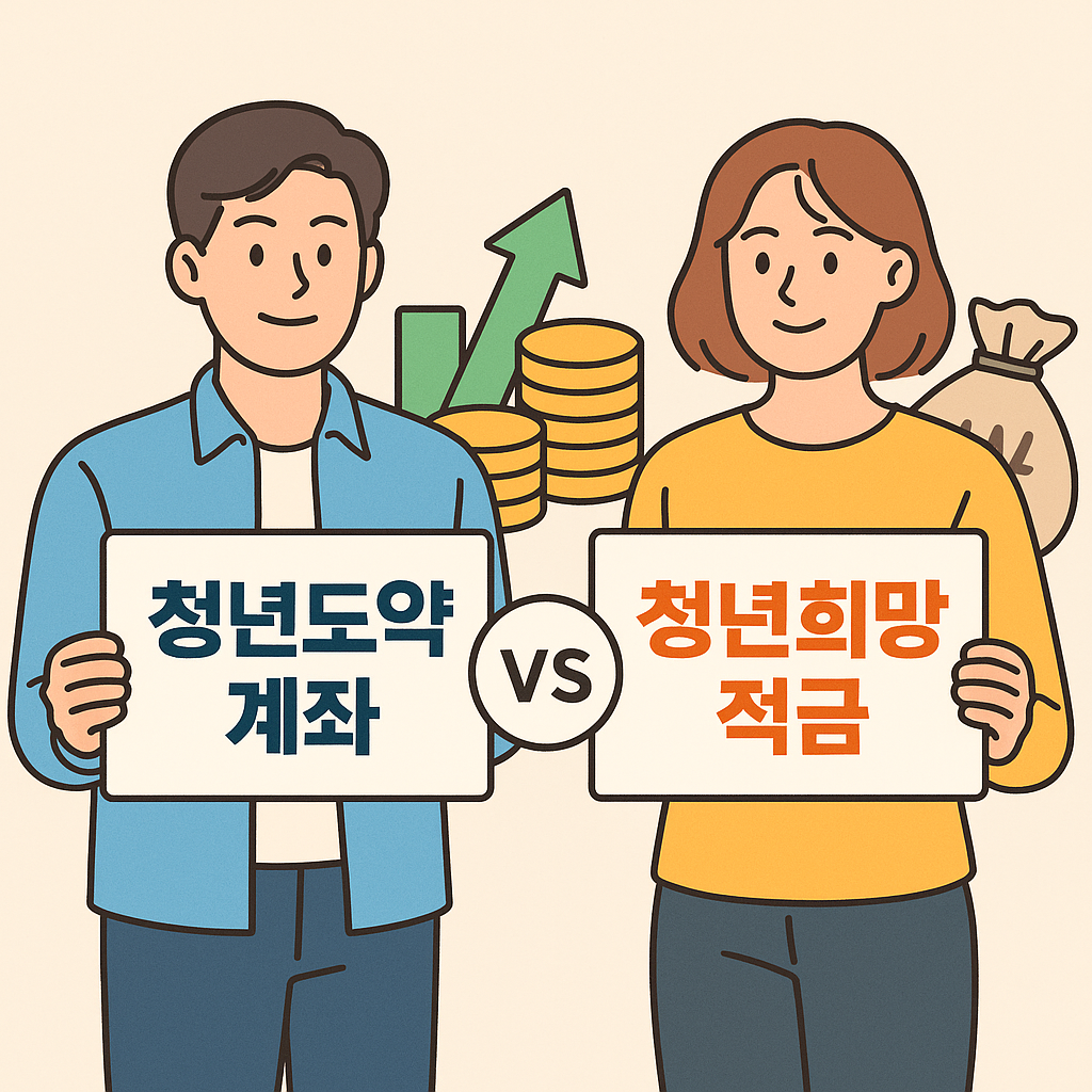 청년도약계좌와 청년희망적금을 비교하며 혜택과 수익률을 고민하는 청년 남녀의 모습을 표현한 일러스트