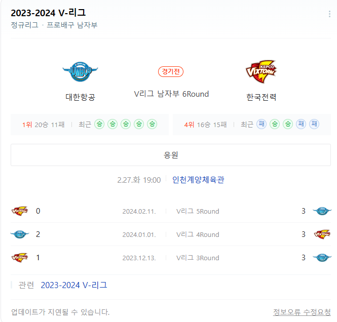  V리그분석 (2024년 2월 27일) 대한항공 한국전력 경기 일정과 분석