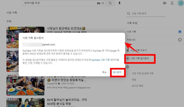 PC유튜브-시청기록-일시중지-화면