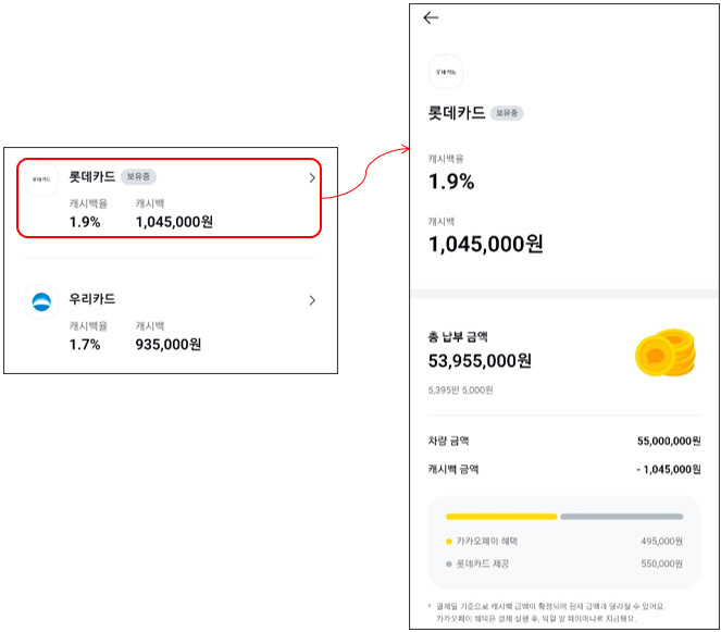 롯데카드 캐시백 상세 정보 확인