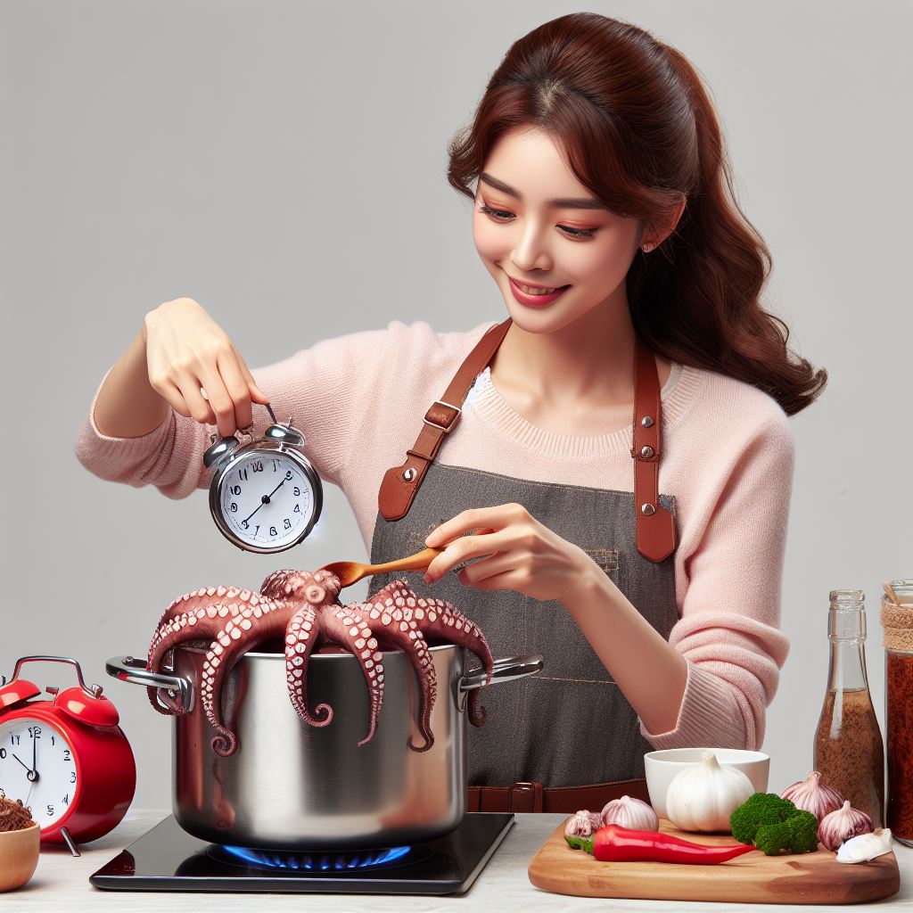 예쁜 한국인 주부가 미시룩을 입고 문어를 큰 냄비에 넣고 타이머로 6분을 재면서 문어 삶는 모습을 그려줘